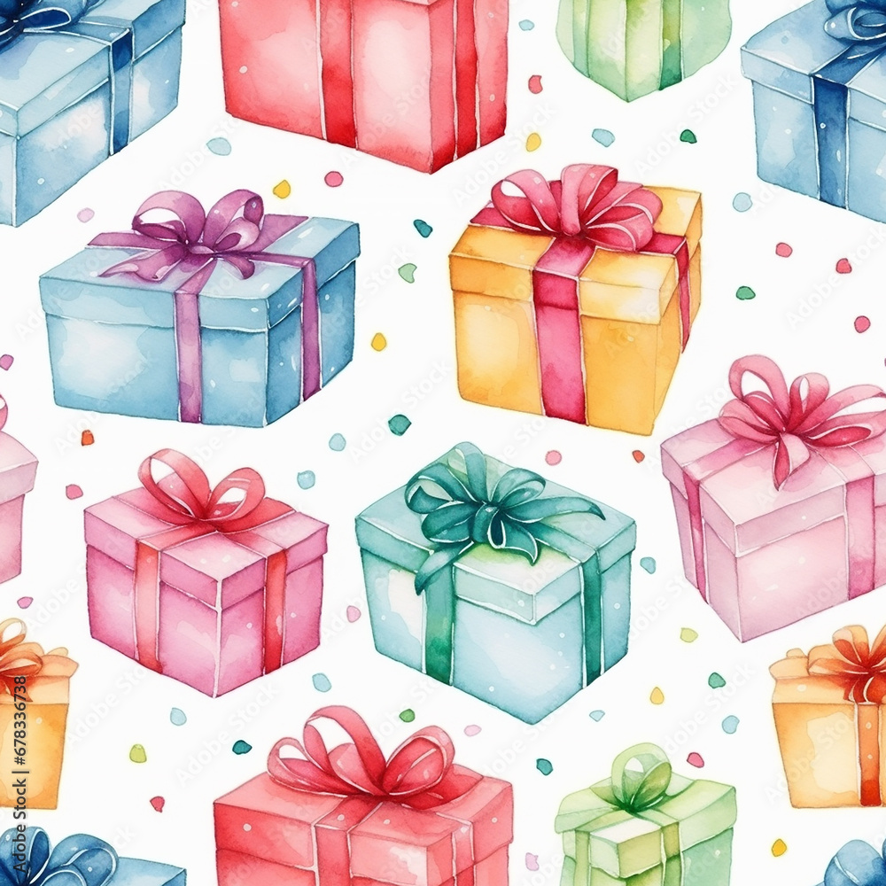 Watercolor seamless pattern with gift boxes.