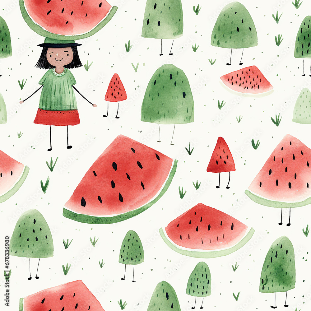 Watercolor seamless pattern with watermelon and hearts