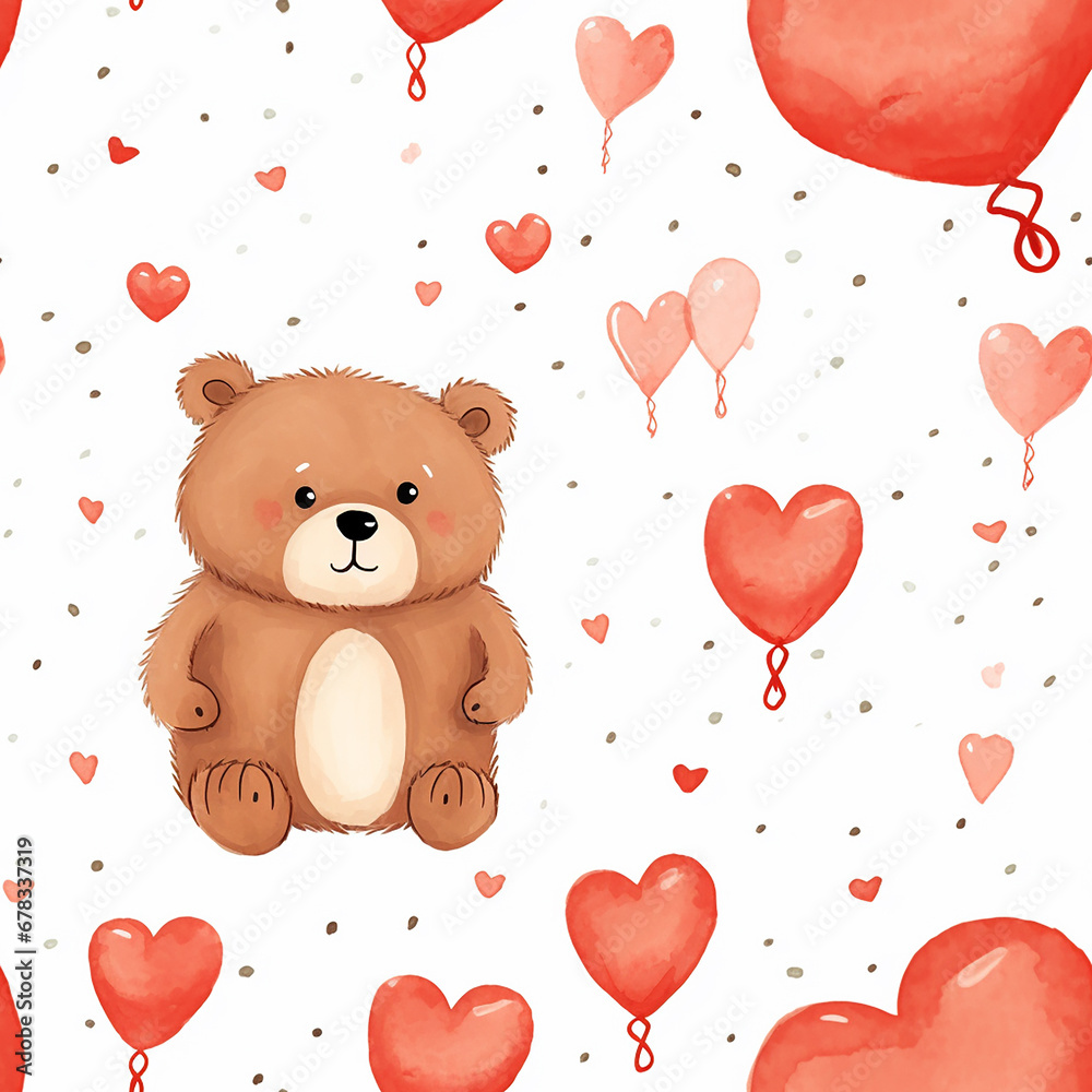 Watercolor seamless pattern with bear and hearts