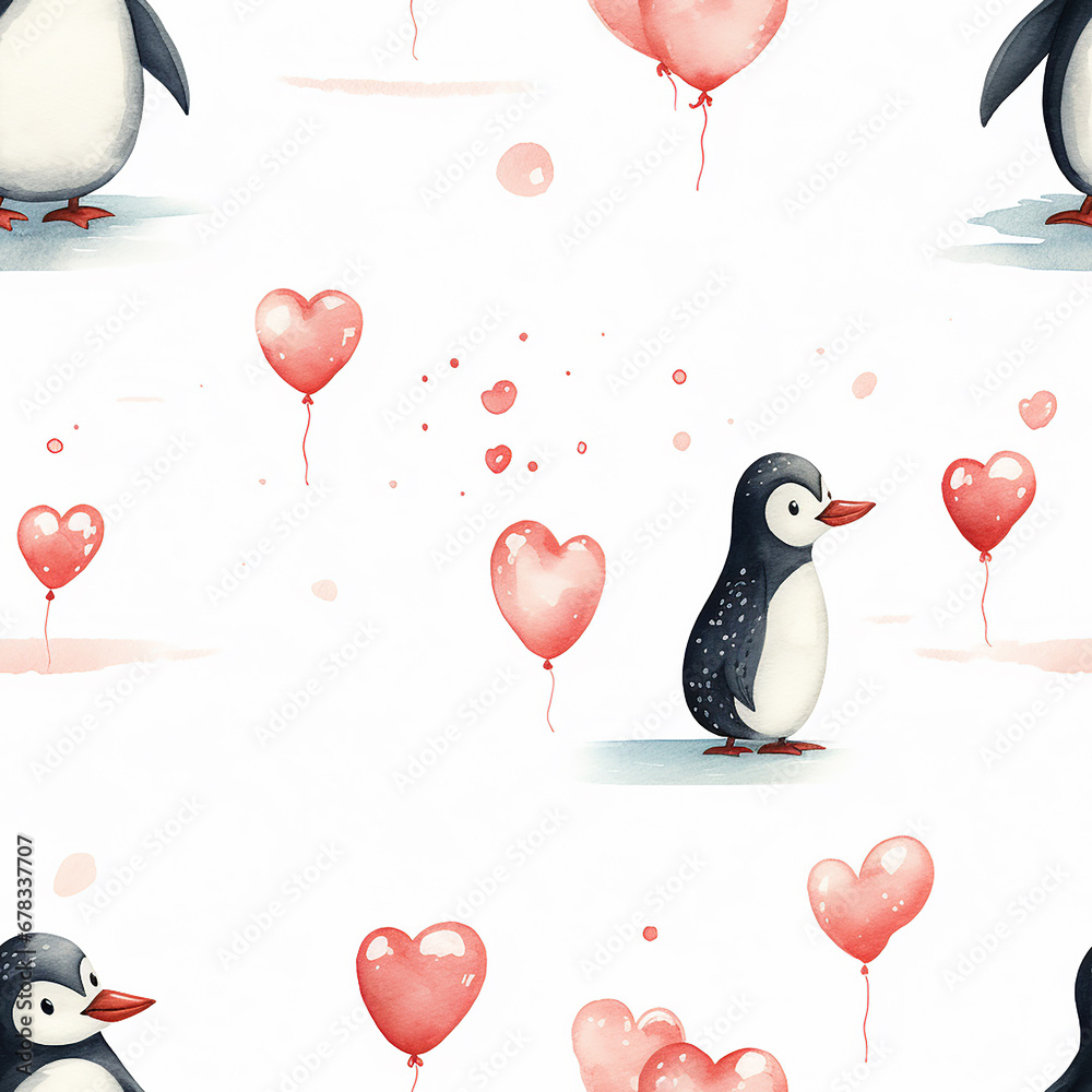 Watercolor seamless pattern with penguin and hearts