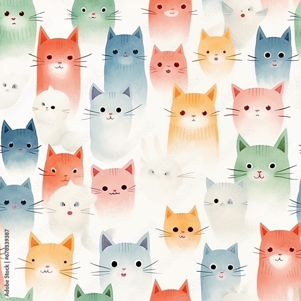 Watercolor seamless pattern with cats