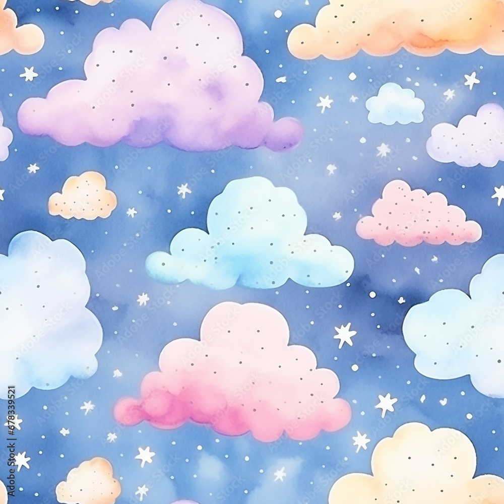 Watercolor seamless pattern with clouds