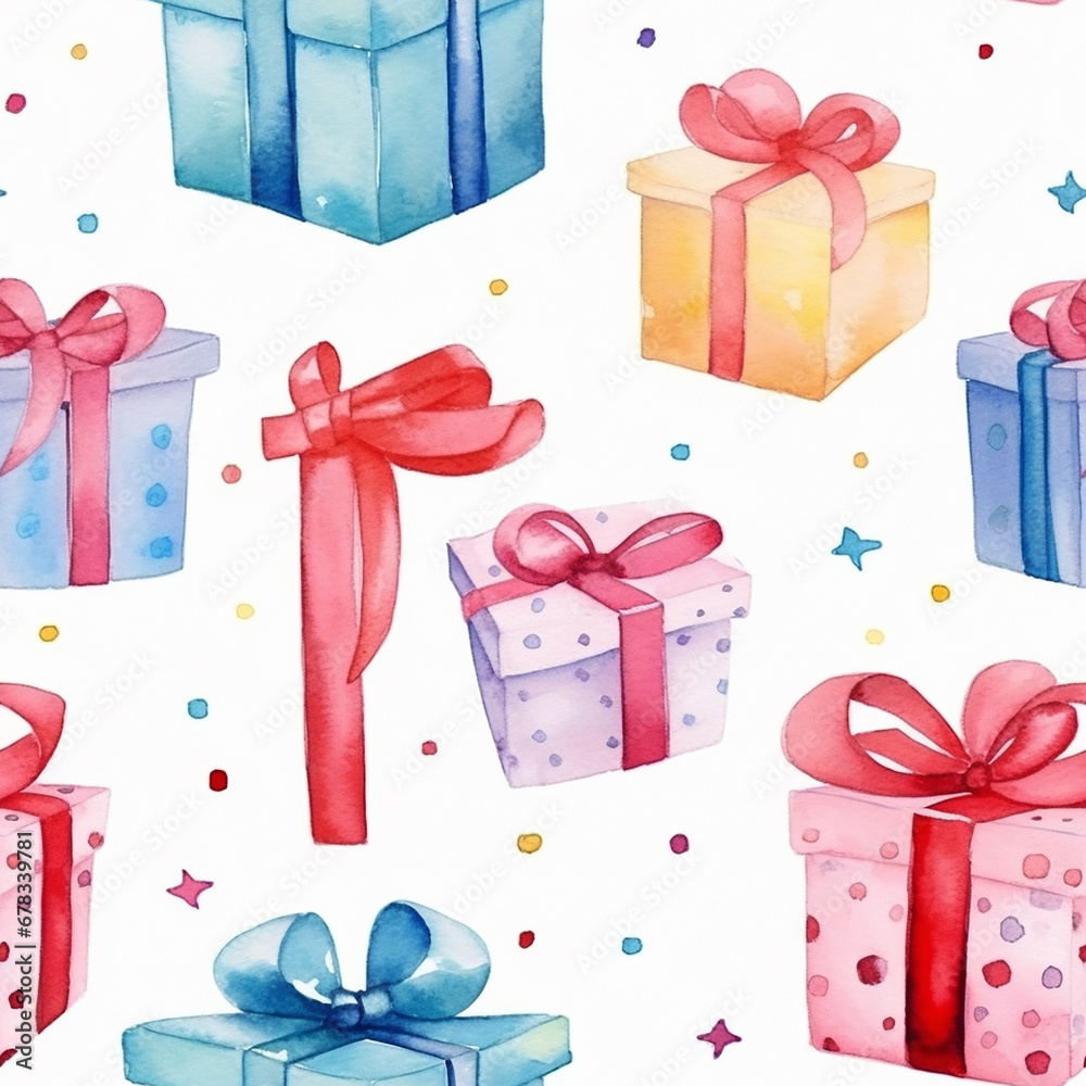 Watercolor seamless pattern with gift boxes.