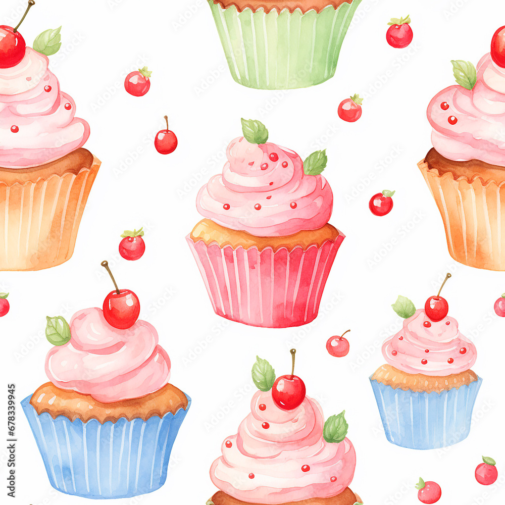 Watercolor seamless pattern with cupcakes