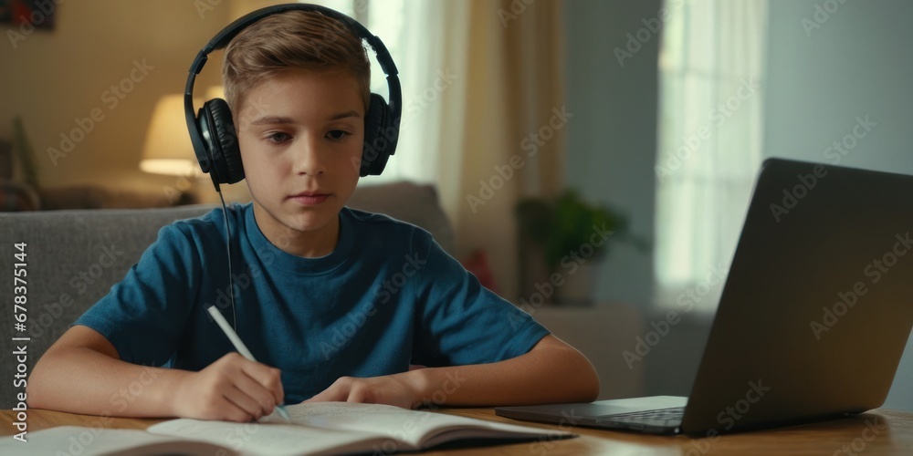 School child studying homework during online lesson at home by laptop with headphones, online education and tutoring concept. close up of school boy