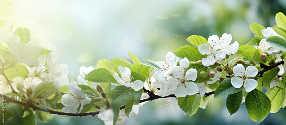 The beautiful background of nature in spring is adorned by the vibrant green leaves of the trees creating a refreshing frame filled with the light and colors of summer showcasing the delicat