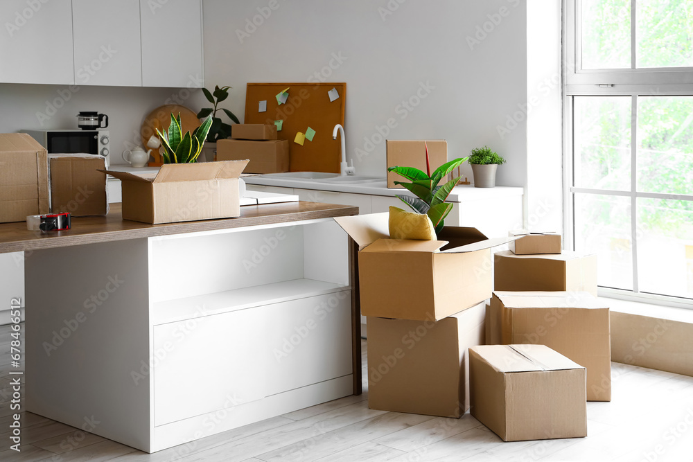 Counters with cardboard boxes in kitchen on moving day