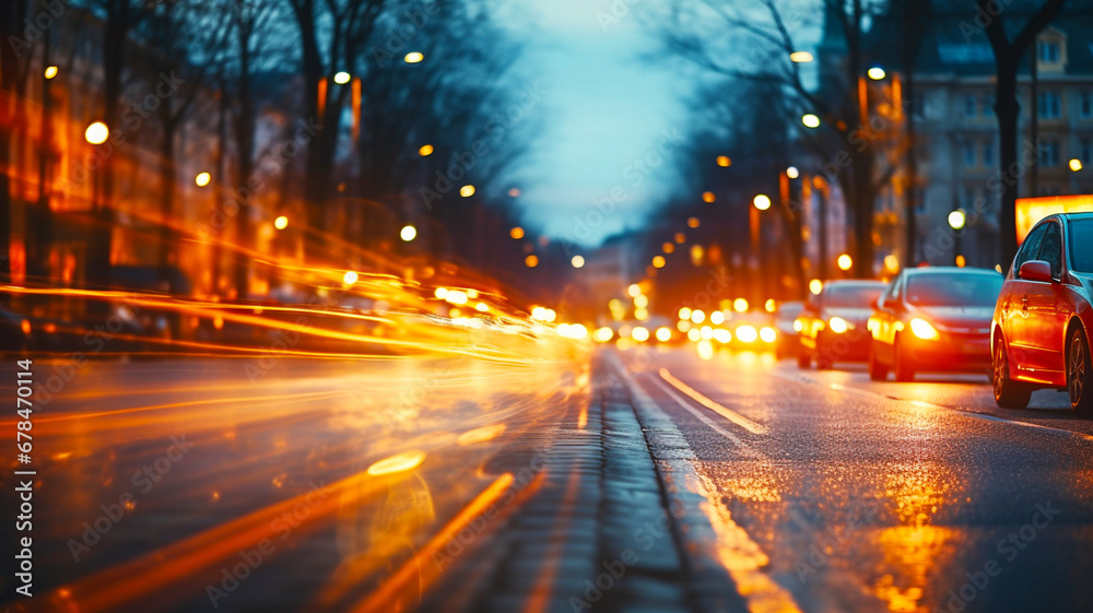 Street traffic in the city at dusk in the rain