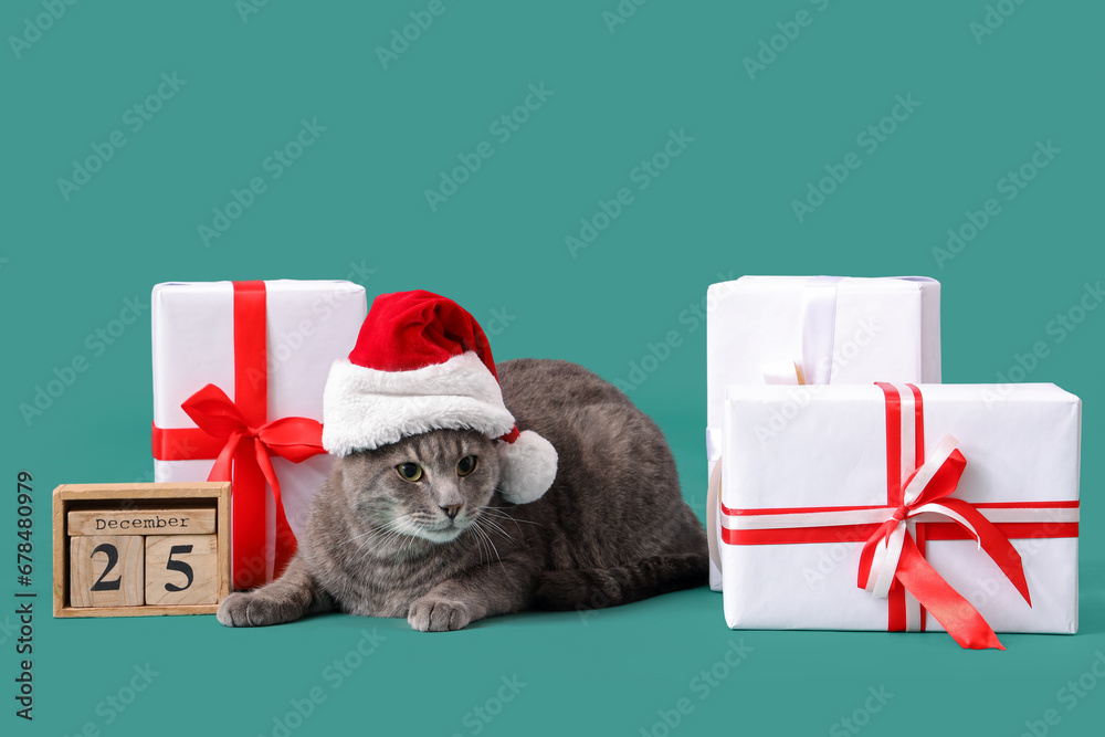 Cute cat in Santa hat with calendar and Christmas presents on green background