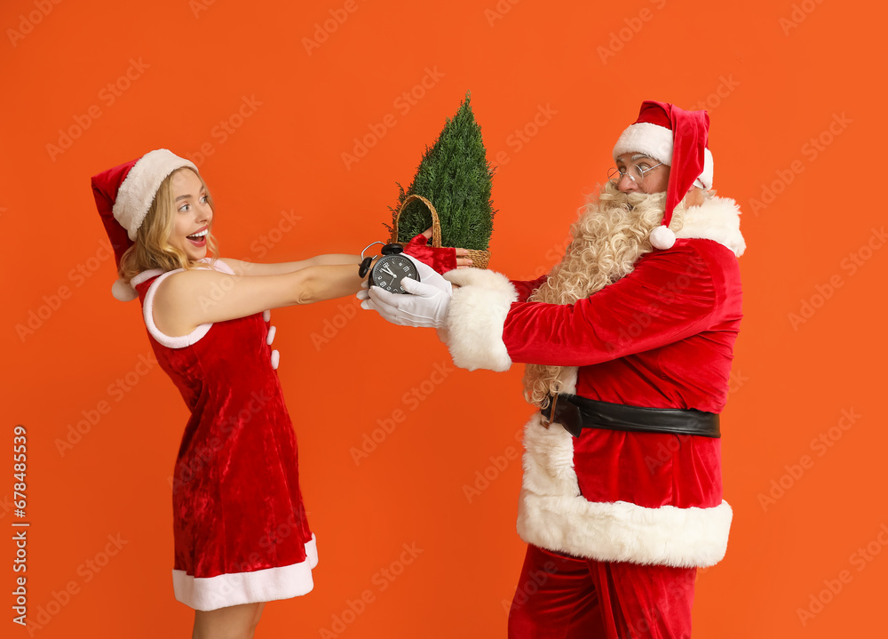 Happy people dressed as Santa Claus with Cypress tree and alarm clock on orange background