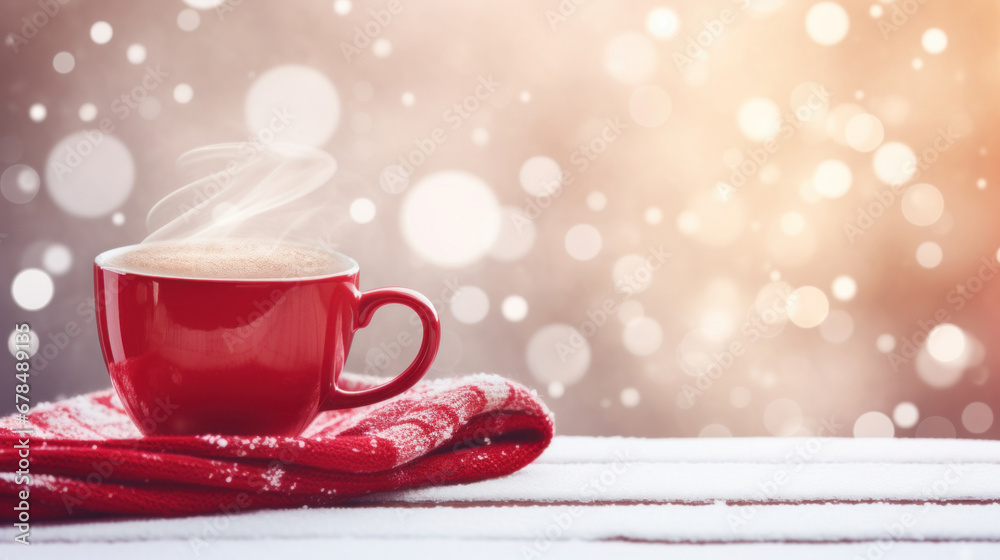 Winter background with a red cup of hot cappuccino and Christmas bokeh.