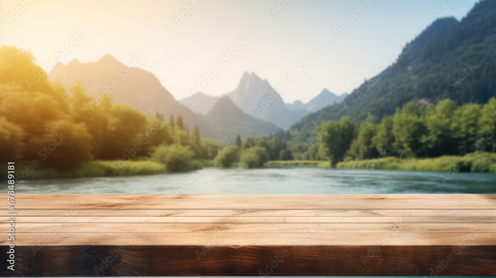 Empty wooden table top with blur background of river and mountain