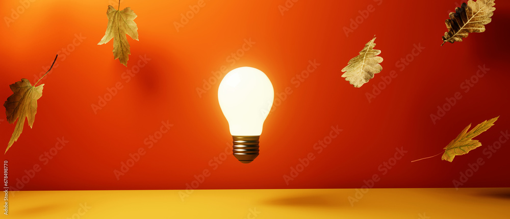 Light bulb with falling leaves - 3D render