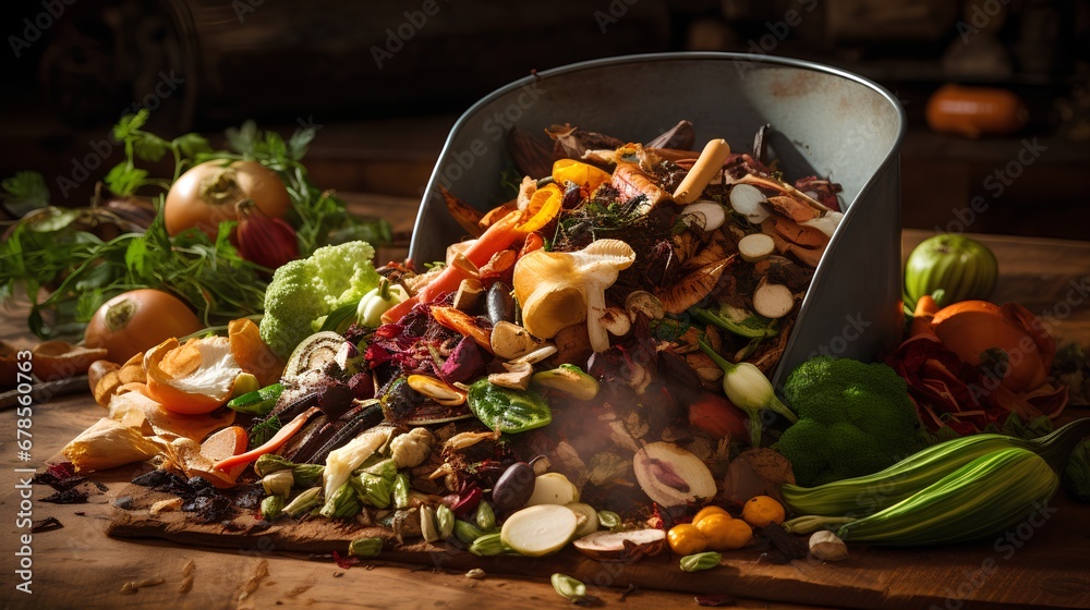 A home composting bin filled with a variety of kitchen scraps, including fruit peels, vegetable trimmings, and other organic food leftovers, promoting sustainable waste management.