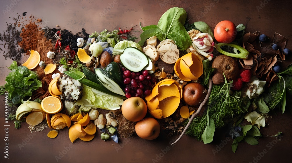 A pile of kitchen scraps including fruit peels, vegetable trimmings, and other food leftovers on a wooden surface, ready for composting to promote sustainability and reduce waste.