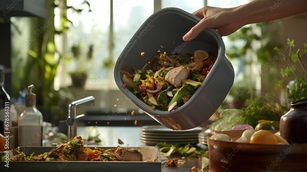 A home composting bin filled with a variety of kitchen scraps, including fruit peels, vegetable trimmings, and other organic food leftovers, promoting sustainable waste management.