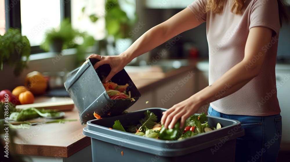 A home composting bin filled with a variety of kitchen scraps, including fruit peels, vegetable trimmings, and other organic food leftovers, promoting sustainable waste management.