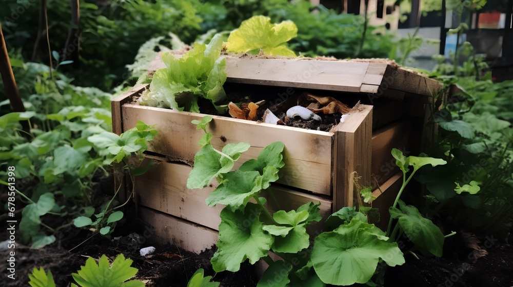 Composting in a garden, adding organic waste such as kitchen scraps, vegetable peels, and food leftovers to a compost bin to create nutrientrich soil.