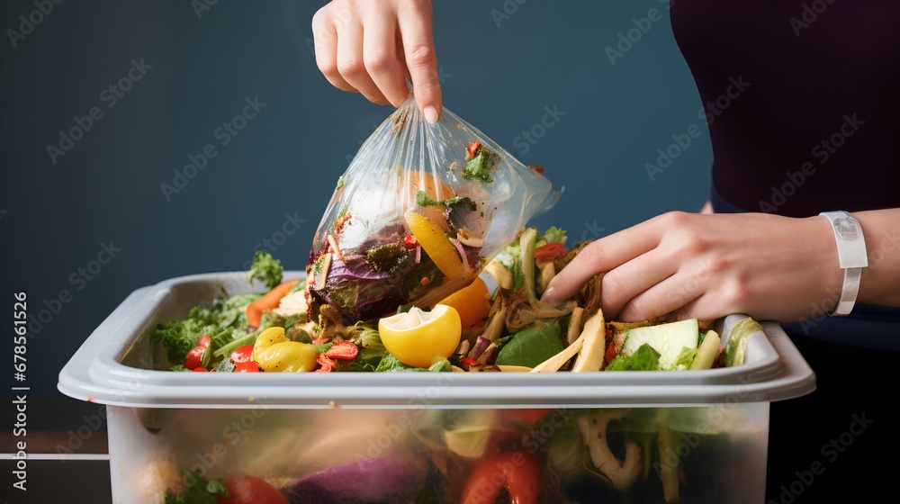 A home composting bin filled with a variety of kitchen scraps, including fruit peels, vegetable trimmings, and other organic food leftovers, promoting sustainable waste management.