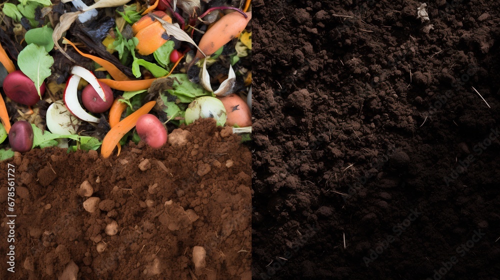 Composting in a garden, adding organic waste such as kitchen scraps, vegetable peels, and food leftovers to a compost bin to create nutrientrich soil.