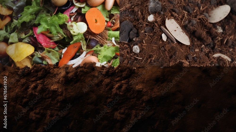 Composting in a garden, adding organic waste such as kitchen scraps, vegetable peels, and food leftovers to a compost bin to create nutrientrich soil.