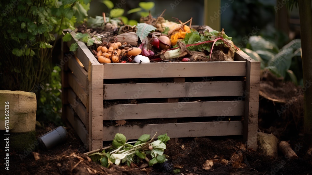 Composting in a garden, adding organic waste such as kitchen scraps, vegetable peels, and food leftovers to a compost bin to create nutrientrich soil.