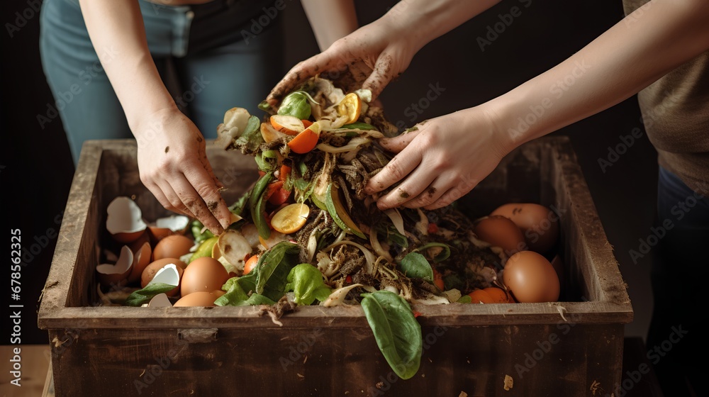 A home composting bin filled with a variety of kitchen scraps, including fruit peels, vegetable trimmings, and other organic food leftovers, promoting sustainable waste management.