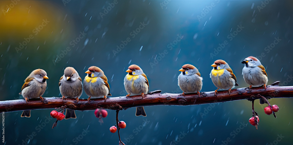 a group of  birds on a branch, birds sitting on a branch in summer garden in the rain