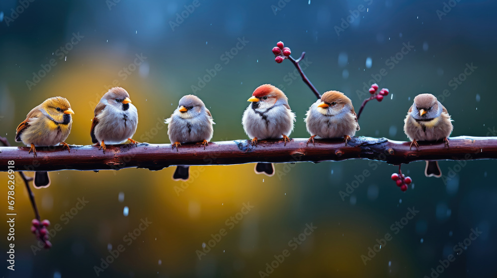 a group of  birds on a branch, birds sitting on a branch in summer garden in the rain