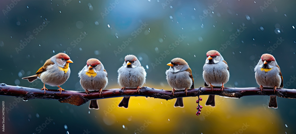 a group of  birds on a branch, birds sitting on a branch in summer garden in the rain