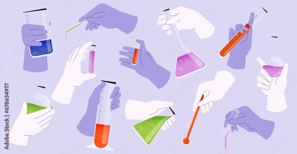 Hands with chemicals. Medical scientist with test tubes and measuring tools. Chemist with bacteriological flask and gloves. Science lab vector set