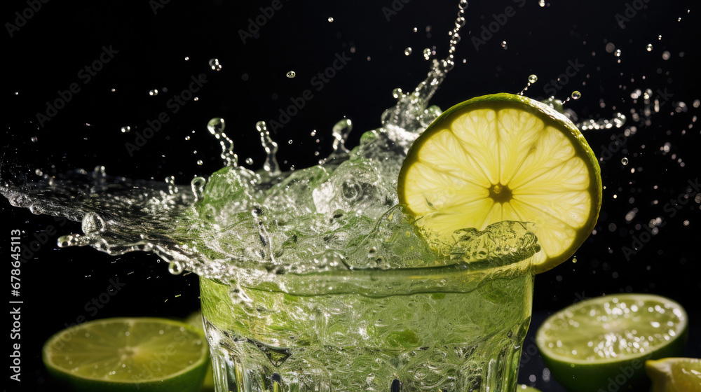 A slice of lime creating a zesty splash in a margarita cocktail.