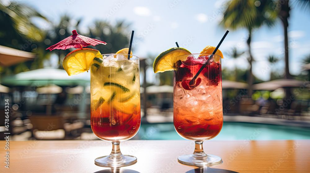 cocktail on the pool, A person sipping a tropical cocktail by the pool on a sunny day.