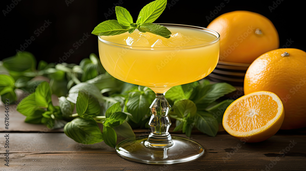 cocktail with lime and mint, Cocktail glass with a citrus garnish.,cocktail on the table