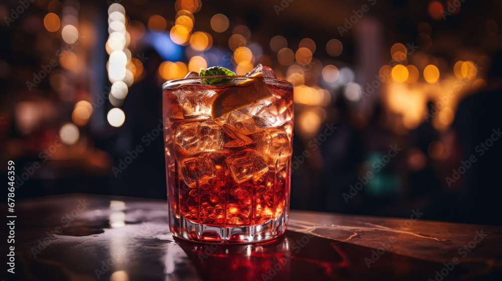 glass of beer on bar counter, Whiskey cocktail 