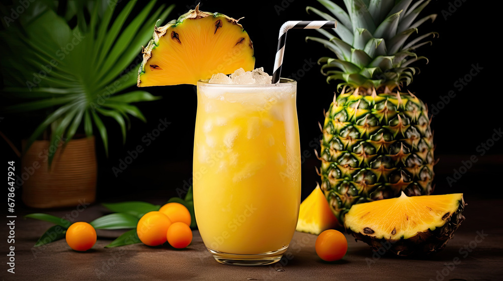 cocktail with pineapple,Cocktail made with vodka, mango, pineapple juice, and alcohol. Long drink or icy mocktail during summer. exotic fruits and a dark tropical backdrop with palm foliage.