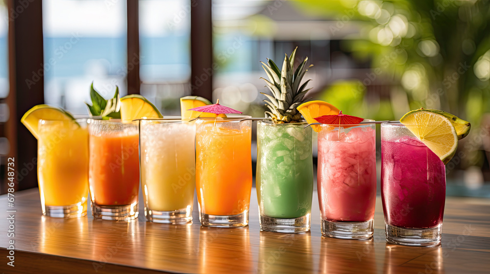  set of Alcoholic cocktails, Variety of alcoholic drinks and multi colored cocktails on the reflective surface of bar counter, Cocktails served at an outdoor bar.