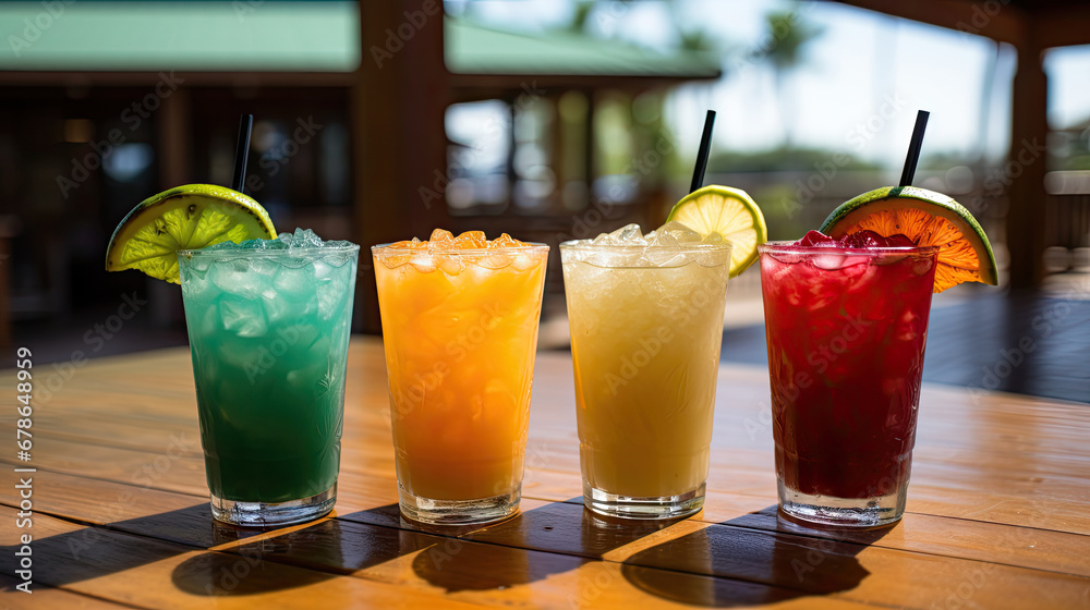  set of Alcoholic cocktails, Variety of alcoholic drinks and multi colored cocktails on the reflective surface of bar counter, Cocktails served at an outdoor bar.