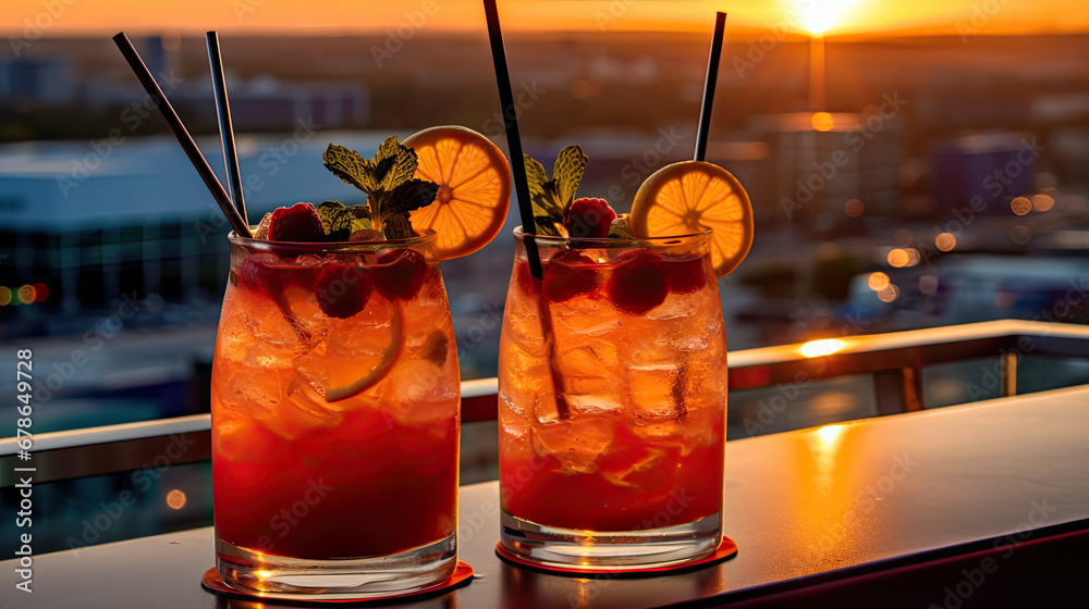  set of Alcoholic cocktails, Variety of alcoholic drinks and multi colored cocktails on the reflective surface of bar counter, Cocktails served at an outdoor bar.