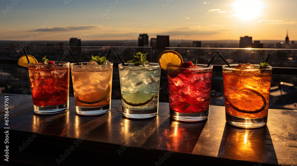  set of Alcoholic cocktails, Variety of alcoholic drinks and multi colored cocktails on the reflective surface of bar counter, Cocktails served at an outdoor bar.