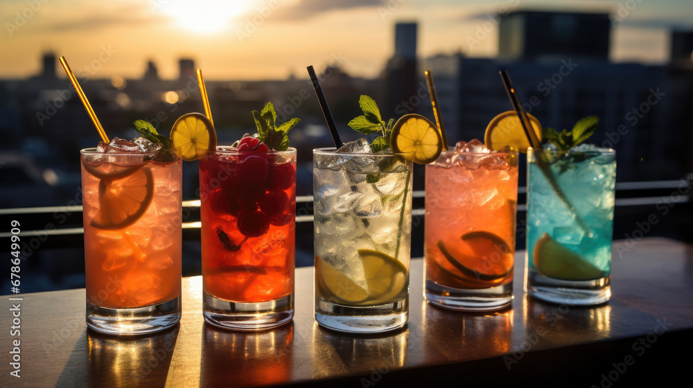  set of Alcoholic cocktails, Variety of alcoholic drinks and multi colored cocktails on the reflective surface of bar counter, Cocktails served at an outdoor bar.