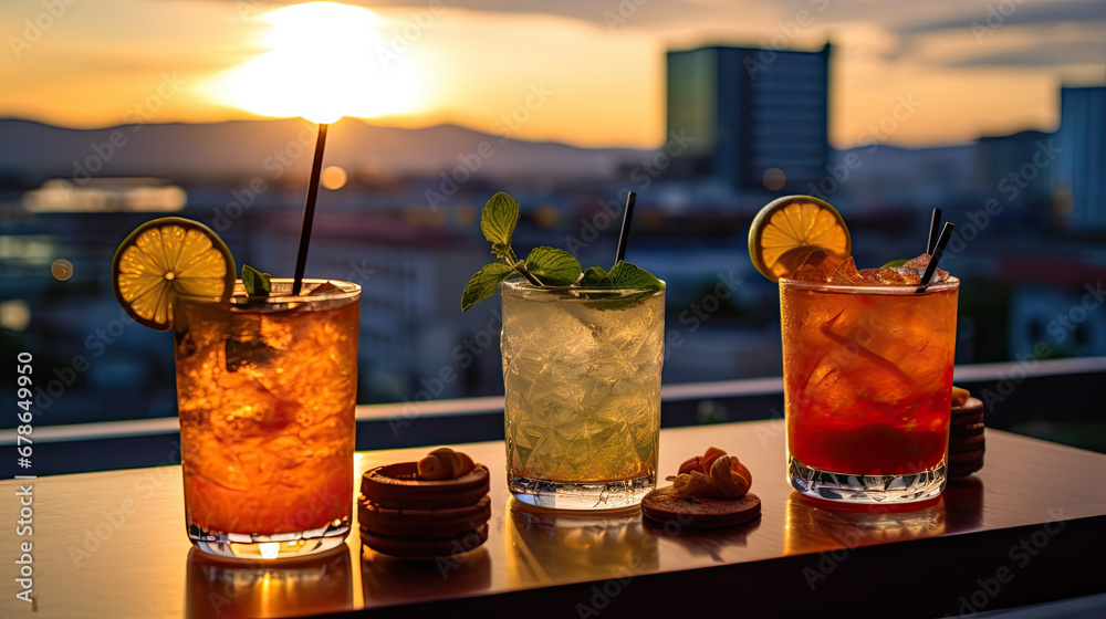  set of Alcoholic cocktails, Variety of alcoholic drinks and multi colored cocktails on the reflective surface of bar counter, Cocktails served at an outdoor bar.