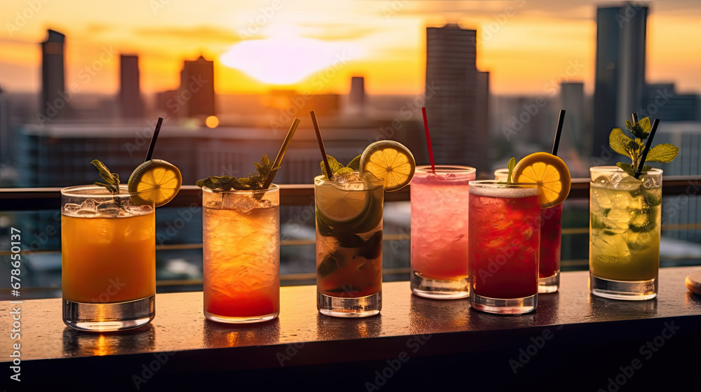  set of Alcoholic cocktails, Variety of alcoholic drinks and multi colored cocktails on the reflective surface of bar counter, Cocktails served at an outdoor bar.