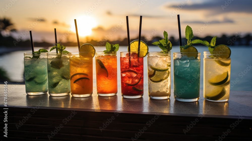  set of Alcoholic cocktails, Variety of alcoholic drinks and multi colored cocktails on the reflective surface of bar counter, Cocktails served at an outdoor bar.