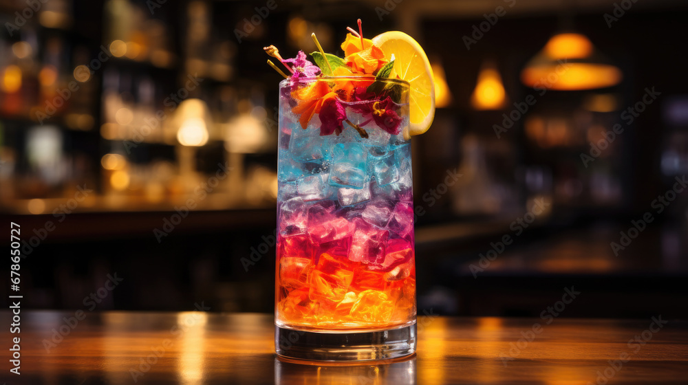 glass of  rainbow cocktail, Cocktail with vibrant color, rainbow layered colors.