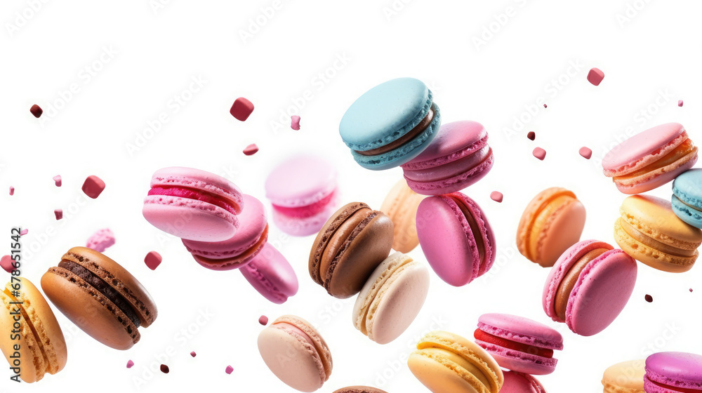 colorful macaroons isolated on white,Various colorful of macarons floating on the air, Desserts sweet cake concept