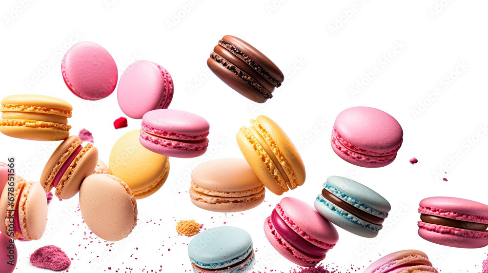 colorful macaroons isolated on white,Various colorful of macarons floating on the air, Desserts sweet cake concept