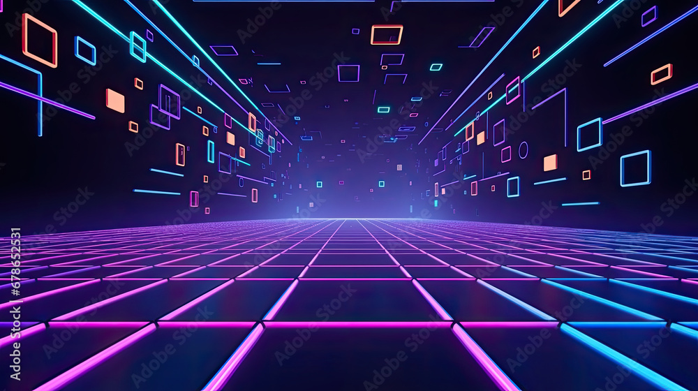 3d technology abstract neon light background, empty space scene, spotlight, dark night, virtual reality, cyber futuristic sci-fi background, street floor studio for mock up. colored geometric.