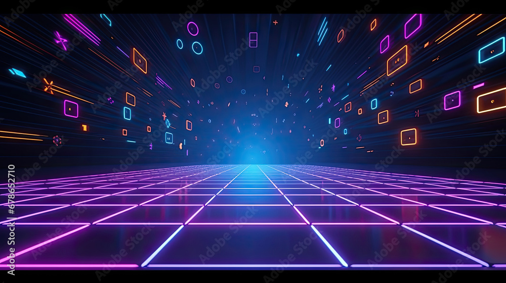 3d technology abstract neon light background, empty space scene, spotlight, dark night, virtual reality, cyber futuristic sci-fi background, street floor studio for mock up. colored geometric.