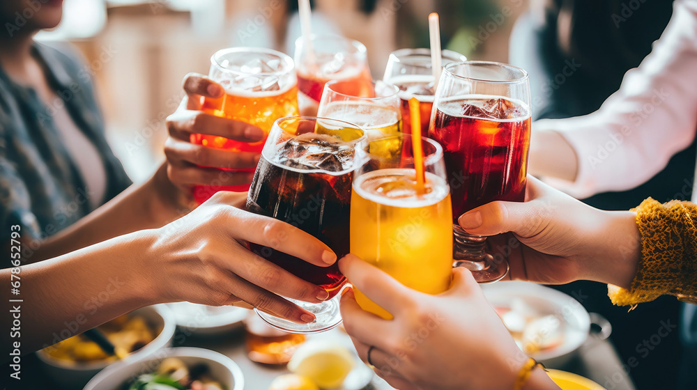 two glasses of champagne,hands holding cocktail glasses at bar restaurant - Young people having fun hanging out on weekend day - Food and beverage concept with guys and girls drinking alcohol together